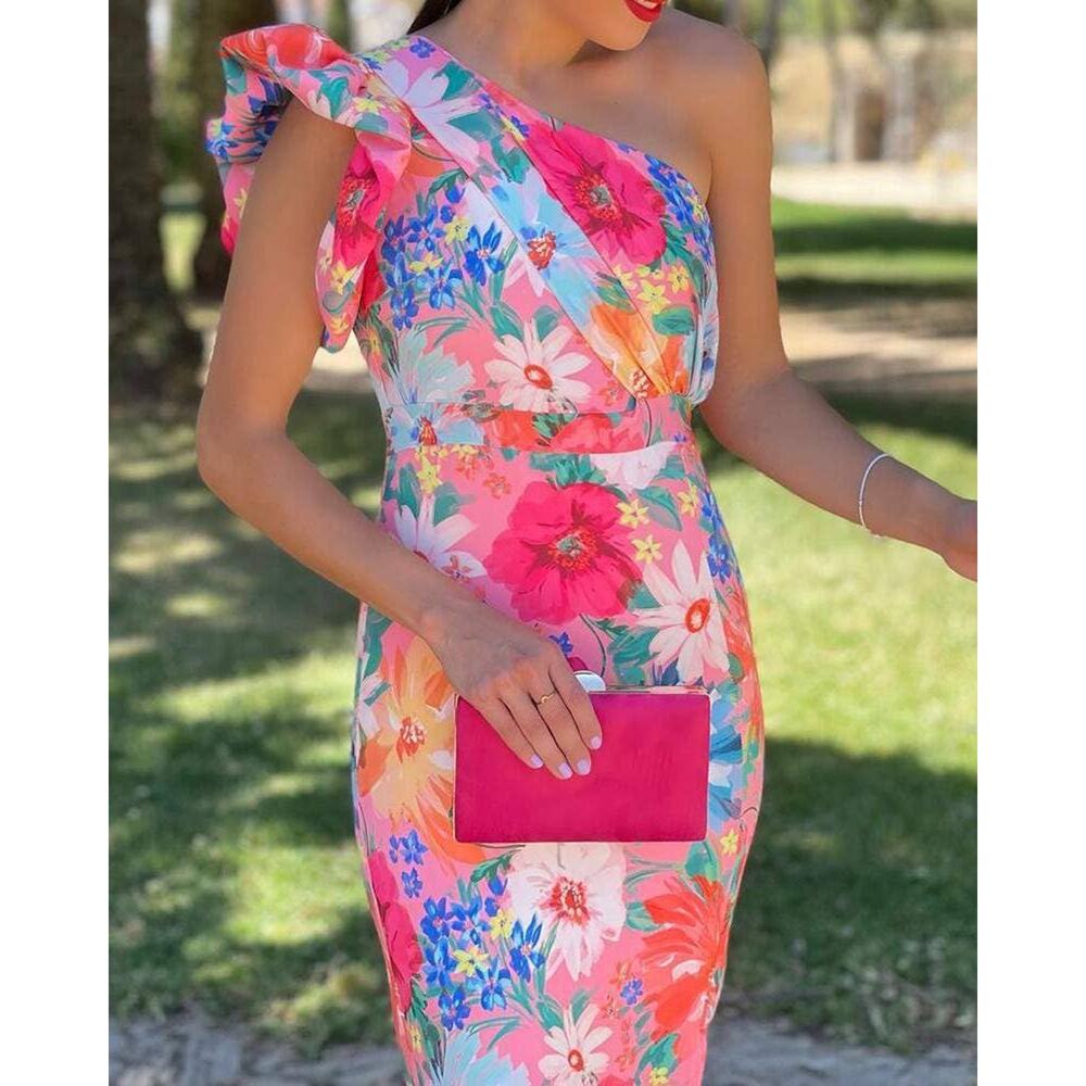 One Shoulder Ruffled Floral Dress-Small